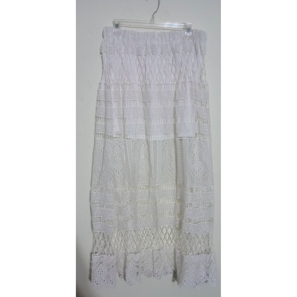 BD Collection White Lace Eyelet Maxi Skirt Boho Tiered Crochet Lined Large
